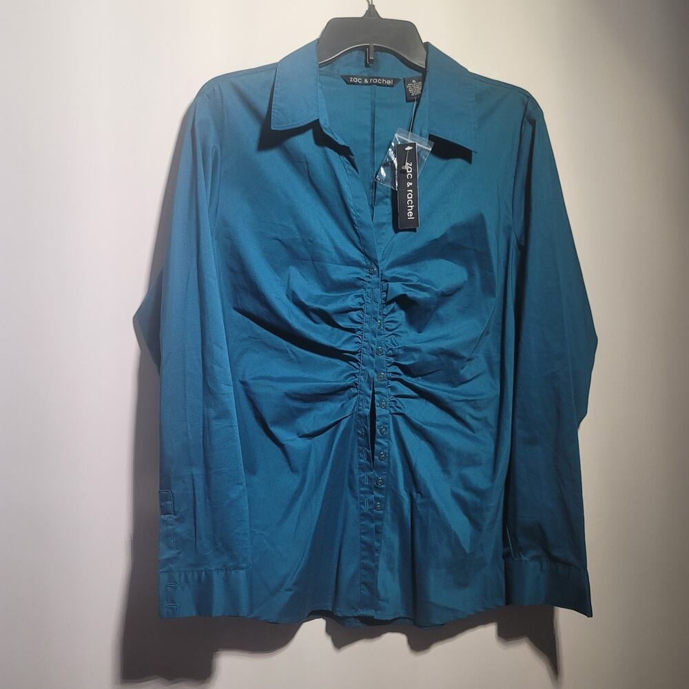 Zac & Rachel Women's XL Teal Long Sleeve Button Down Shirt Ruched Front Collared